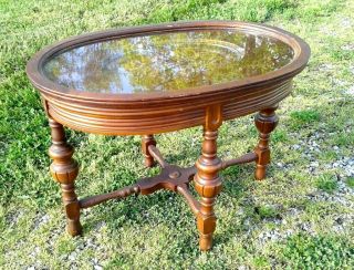 Vintage Carved Walnut Coffee Table w Removable Glass Top 6