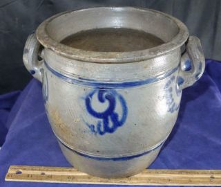 Early Antique Open Handled Stoneware Crock Cobalt Blue Decorated Westerwald