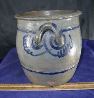 EARLY Antique Open Handled Stoneware Crock Cobalt Blue Decorated WESTERWALD 3
