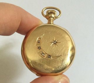 Antique 14k Solid Gold Diamonds Waltham " Alpine " Hunter Case Pocket Watch,