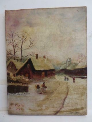 Really Old Painting Antique Oil Winter Village 1913