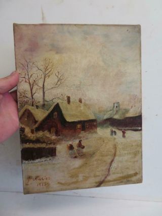 really old PAINTING antique oil winter village 1913 2