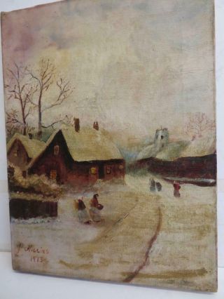 really old PAINTING antique oil winter village 1913 5