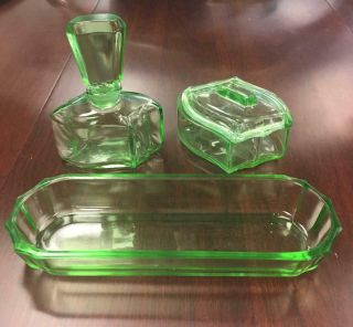 3 - Piece Art Deco Vaseline Glass Vanity Dresser Set K.  F.  France