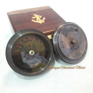 Antique Nautical Brass Calendar Time Compass With Wooden Box Gift