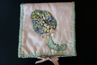 Antique Textile - Pretty Ribbon Work And Floral Handkerchief Case