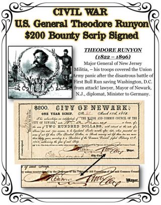 Civil War U.  S.  General Runyon 1865 Newark,  Nj $200 Bounty Scrip Signed