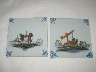 2 Vintage Marked Ceramic Tiles Hand Painted Dutch Delft Art Pottery