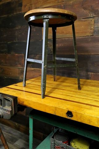Industrial Vintage Metal Stool Oak Seat Drafting Table Angle Steel Co Army Green