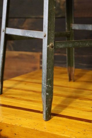 Industrial Vintage Metal Stool Oak Seat drafting table Angle Steel Co Army Green 2
