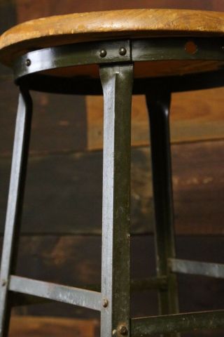 Industrial Vintage Metal Stool Oak Seat drafting table Angle Steel Co Army Green 3
