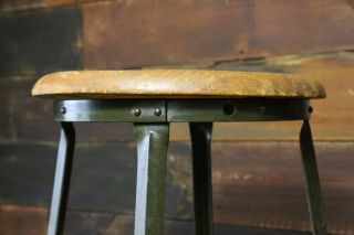 Industrial Vintage Metal Stool Oak Seat drafting table Angle Steel Co Army Green 4