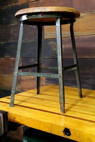 Industrial Vintage Metal Stool Oak Seat drafting table Angle Steel Co Army Green 5