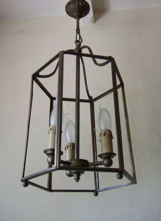 Antique Vintage French Brass Regency Lantern Chandelier Hall Light