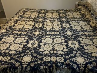 Antique Woven Coverlet.  Mid 19th Century Blue And White Floral Reversible.