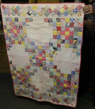 Antique Pieced Crib Or Baby Quilt Multi - Colored With Pink Border
