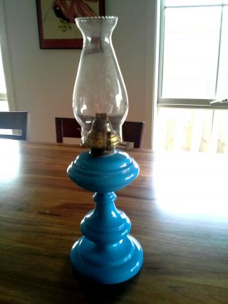 Antique Victorian Blue Glass Oil Lamp