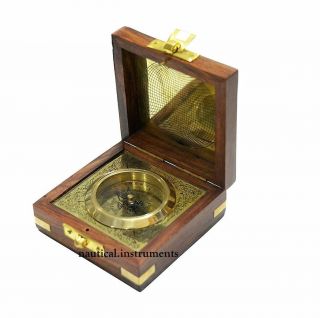 World Brass Magnetic Nautical Compass In Wooden Box Gift Decor