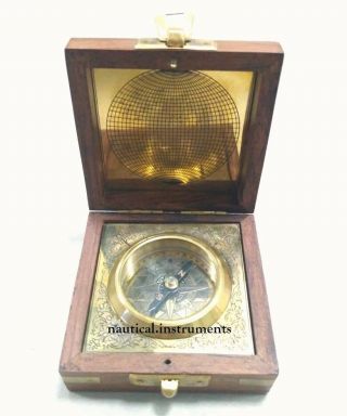 World Brass Magnetic Nautical Compass in wooden Box Gift Decor 2