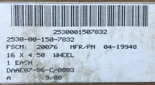 M416 M416A1 M416B1 1/4 TON TRAILER Rim Wheel Tire Jeep MUTT NOS 2530 - 00 - 150 - 7832 3