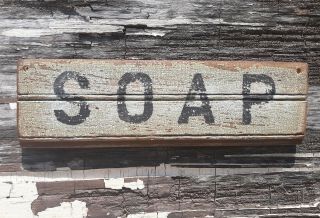 Old Early Primitive Antique Farm Chippy Barn Wood Soap Sign Wash Laundry Blue