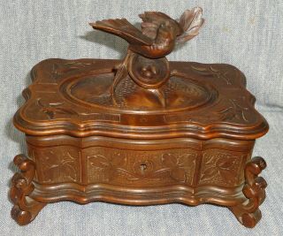 Antique Hand Carved Black Forest Jewel Box / Trinket Box Bird On A Nest