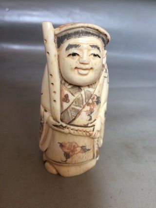 Vtg Antique Carved Asian Japanese Bone Statue Carving Man With Signed