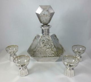 Vtg/ Antique Art Deco Venice Silver Overlay Glass Decanter & 4 Cordial Glasses