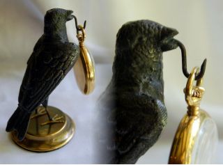 Rare Antique Unusual Cast Metal Black Bird Pocket Watch Holder,  Stand,  Display