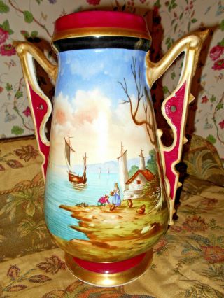 Old Paris Porcelain Seaside Scene Vase Beautifully Hand Painted Jumbo Colorful