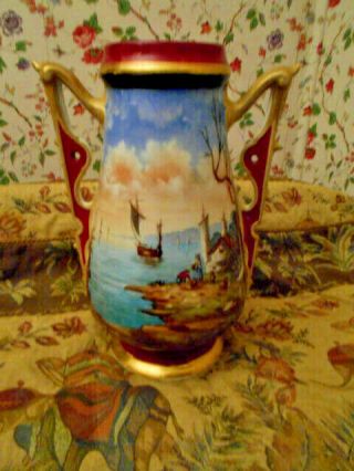 Old Paris Porcelain Seaside Scene Vase Beautifully Hand Painted Jumbo Colorful 3