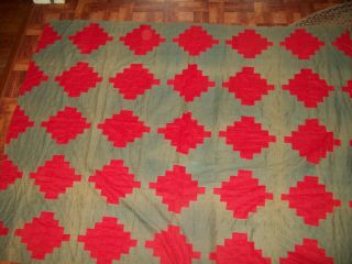 Antique Primitive Red,  Green Patchwork Quilt Top - Raw Silk - Amish Colors