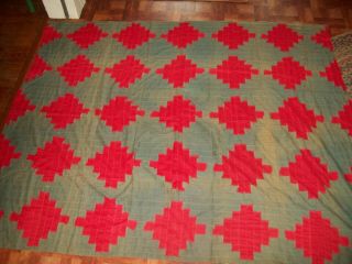 Antique Primitive Red,  Green Patchwork Quilt Top - Raw Silk - Amish Colors 2