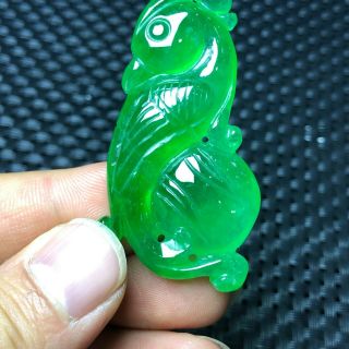 Collectible Green Jadeite Jade Handwork Chinese Riches & Honour Bird Pendant 3
