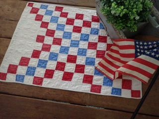 Patriotic Americana Antique C1880 Red White Blue Table Or Doll Quilt 21x16