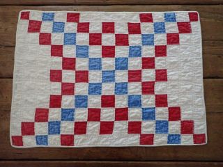 Patriotic Americana Antique c1880 Red White Blue TABLE or DOLL QUILT 21x16 2