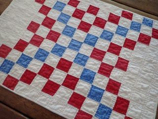 Patriotic Americana Antique c1880 Red White Blue TABLE or DOLL QUILT 21x16 3