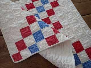 Patriotic Americana Antique c1880 Red White Blue TABLE or DOLL QUILT 21x16 5
