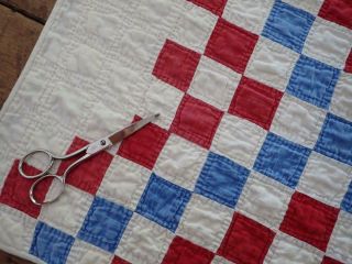 Patriotic Americana Antique c1880 Red White Blue TABLE or DOLL QUILT 21x16 6