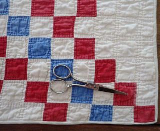 Patriotic Americana Antique c1880 Red White Blue TABLE or DOLL QUILT 21x16 8