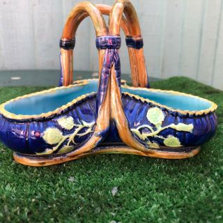 19thc George Jones Majolica Cobalt Blue Decorative Trefoil Basket C1870s