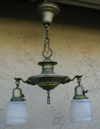 Antique Vintage Brass Hanging 2 Arm Light Pan Ceiling Chandelier Fixture & Shade