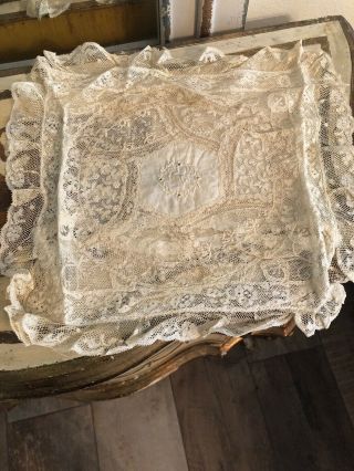 Antique French Tambour Net Lace Boudoir Pillow Cover Embroidery Cut Work