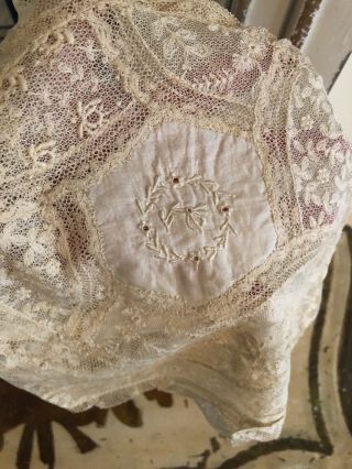 ANTIQUE FRENCH TAMBOUR NET LACE Boudoir Pillow Cover Embroidery Cut Work 3