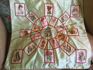 Antique Silk Pillow Sham Cover With Zira Cigarette Advertising Ladies & Flowers