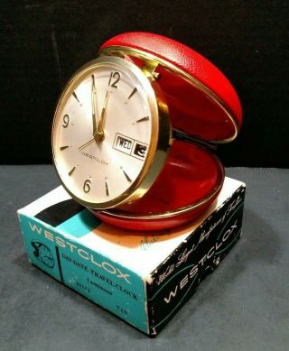 Westclox Travel Alarm Clock Day Date Compact Red Round Vintage Cc