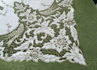 ANTIQUE MADEIRA TABLECLOTH - HAND EMBROIDERED BIRDS & FLOWERS 7
