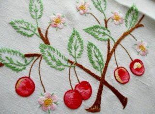 Vintage Tablecloth Hand Embroidered Cherries & Cherry Blossom - Linen