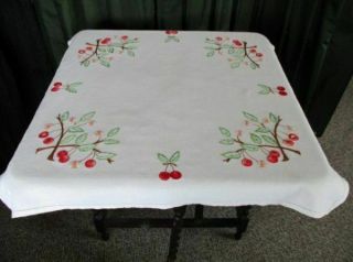 VINTAGE TABLECLOTH HAND EMBROIDERED CHERRIES & CHERRY BLOSSOM - LINEN 2