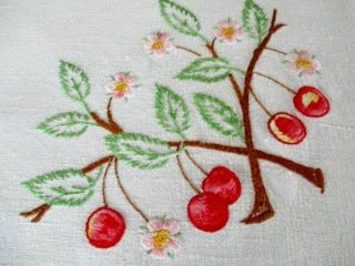 VINTAGE TABLECLOTH HAND EMBROIDERED CHERRIES & CHERRY BLOSSOM - LINEN 3